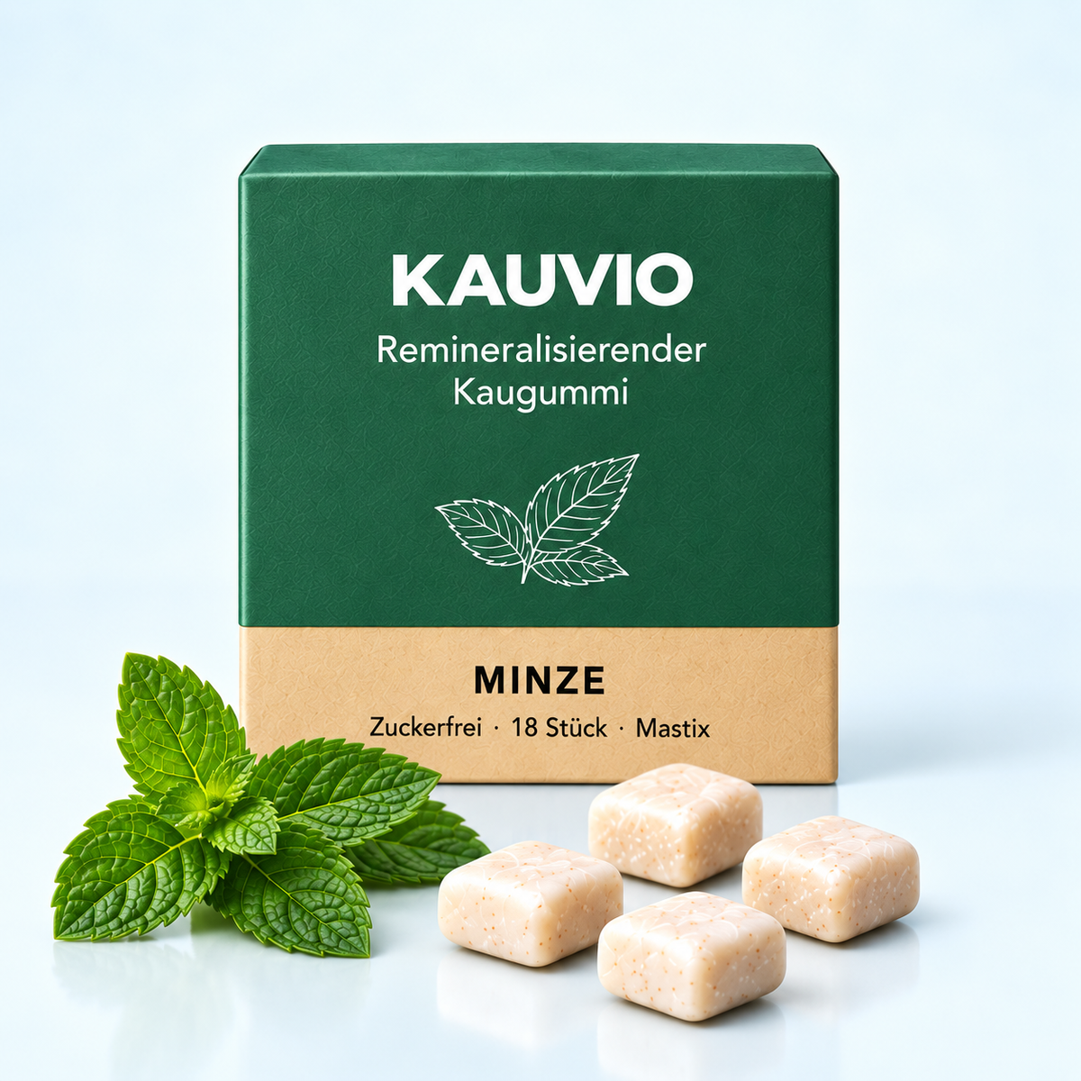 Die grüne KAUVIO Natur Minze-Box und beige Kaugummistücke