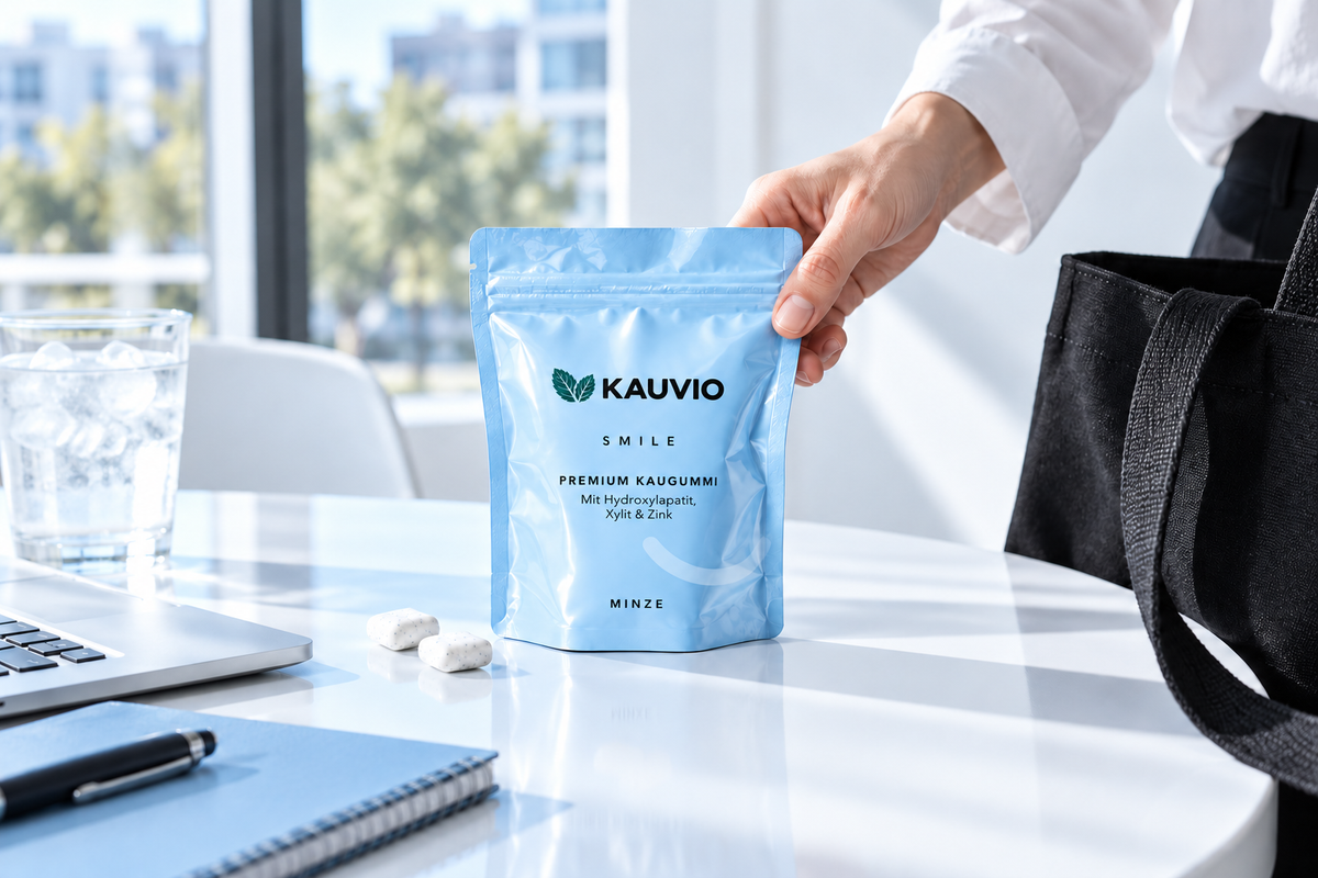 KAUVIO Smile am hellen Tisch neben einer Tasche